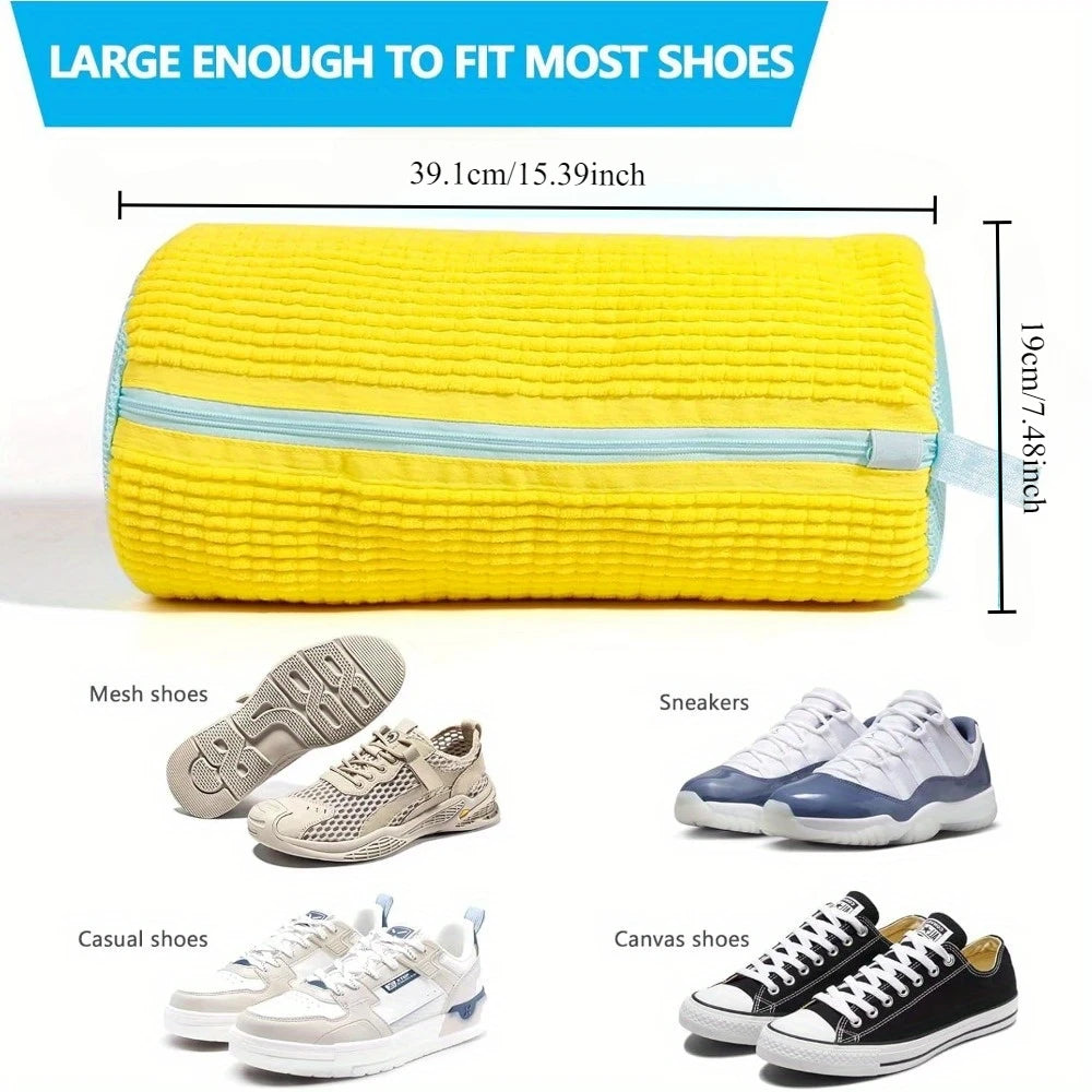 Sac de machine à laver les chaussures durable pour tous les types de chaussures-jaune avec fermeture éclair bleue, idéal pour les baskets et les chaussures décontractées, sac de lavage du linge