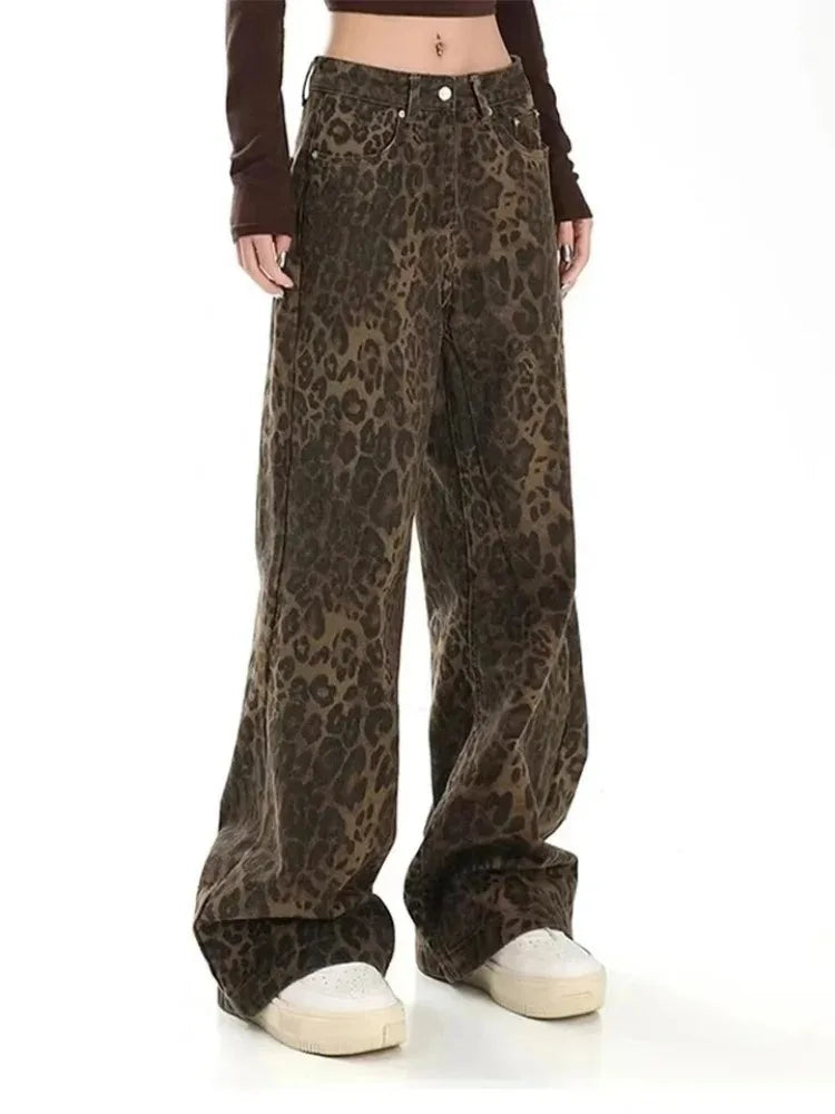 Jean vintage américain à imprimé léopard pour femme, automne-hiver, nouveau design, salopette droite petite taille, pantalon décontracté