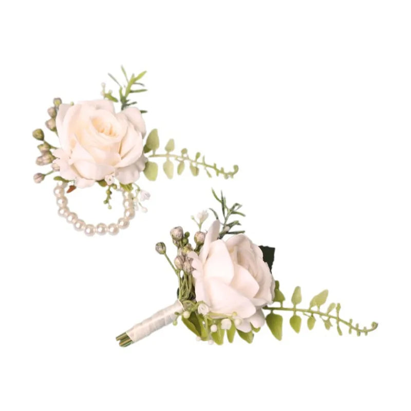 Boutonnière élégante pour marié, fleurs pour costume d'homme, roses artificielles, corsage de poignet, accessoires de mariage