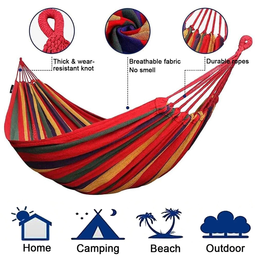 Hamac double pour 2 personnes en toile de coton avec sangles pour arbres, pour terrasse, jardin, cour, extérieur et intérieur (rouge, bleu)