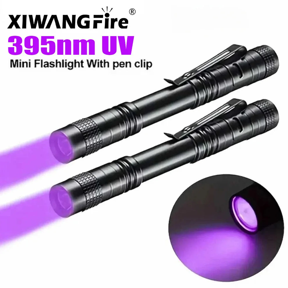 Lampe de poche UV 395nm, torche ultraviolette avec pince à stylo, piles AAA portables utilisées, lumière violette, détecteur d'urine d'animaux domestiques, lampe UV