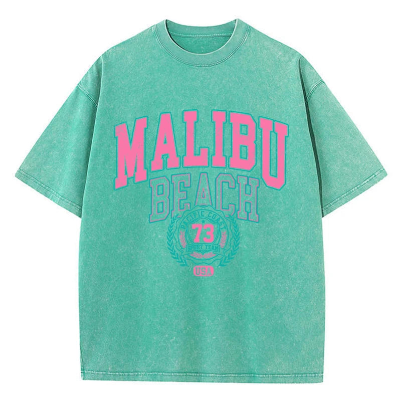 Malibu Beach T-Shirt lavé femmes lettre impression coton T-Shirt confortable col rond hauts décontracté surdimensionné t-shirts vêtements féminins