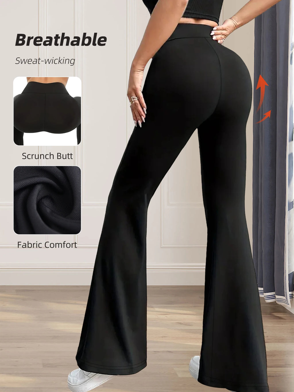 Pantalon évasé taille haute moulant pour femme, idéal pour le printemps et l'été ; pantalon noir long à jambes fines et larges pour femmes minces