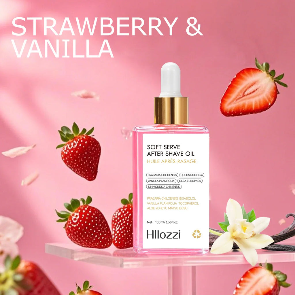 Huile après-rasage parfum fraise (100 ml / 3,38 oz liq.) Hydrate et nourrit intensément la peau. Sérum hydratant pour hommes et femmes