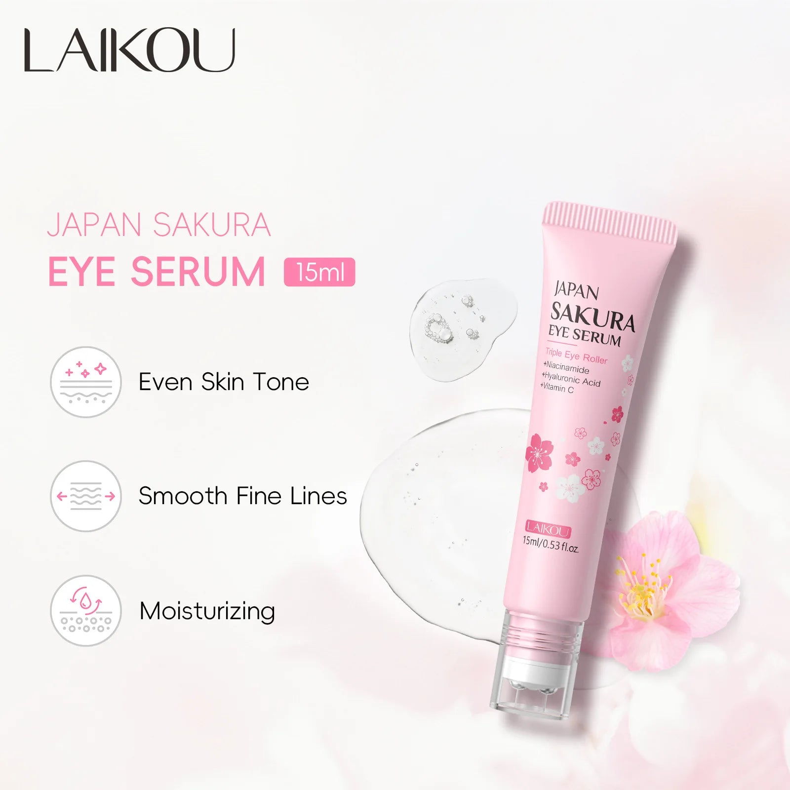 LAIKOU Sérum contour des yeux Sakura, massage à l'acide hyaluronique, soin hydratant et anti-cernes, 15 ml