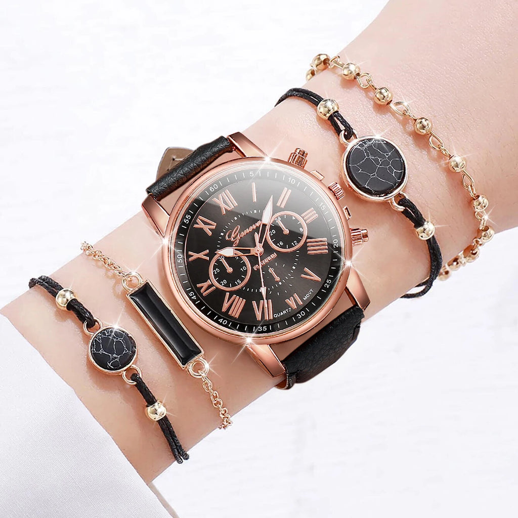 Ensemble de 5 montres pour femmes, style Genève, avec bracelet en cuir décontracté et strass en forme de cœur (sans boîte)