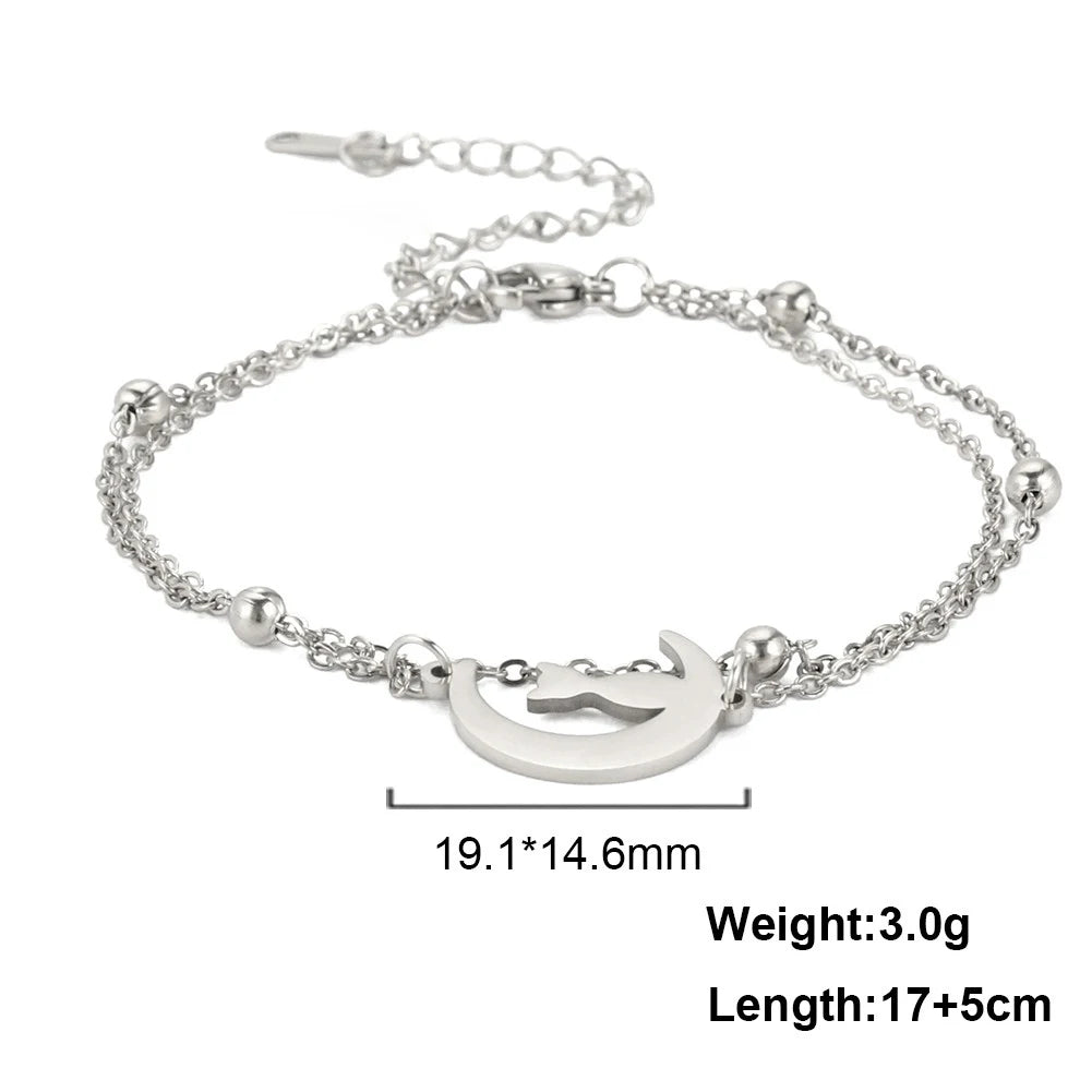 Bracelet Lucktune Chat Mignon en Acier Inoxydable avec Pendentif Animal et Chaîne à Perles - Bijou Tendance Kpop pour Femmes et Hommes - Cadeau Couple