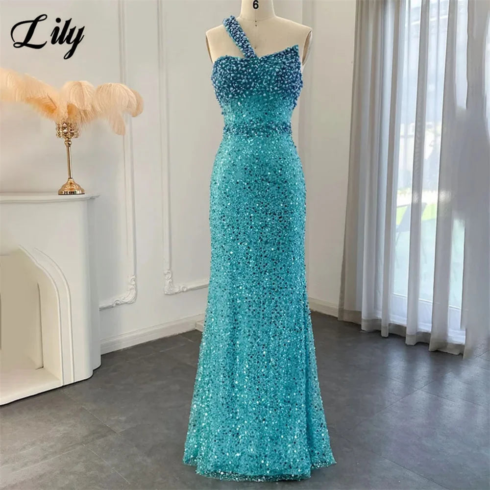 Robe de bal Lily Blue somptueuse ornée de strass, robe de soirée asymétrique sans manches, perles et sequins, robe sirène sur mesure