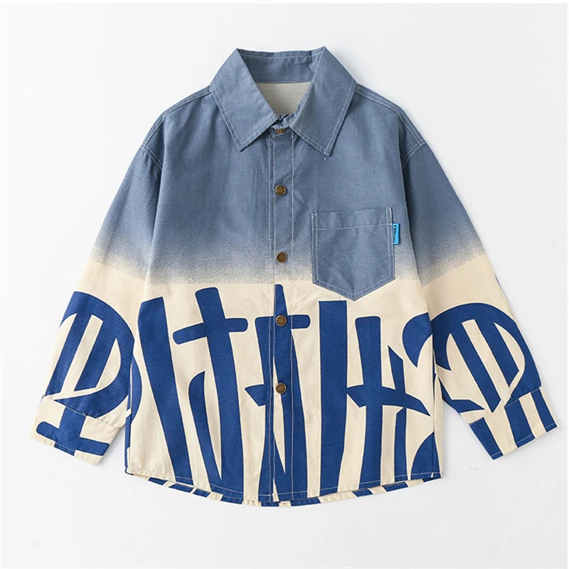 Chemise en jean dégradée à manches longues pour garçon, manches longues, avec inscription, bleu et orange, style décontracté, vêtements pour enfants