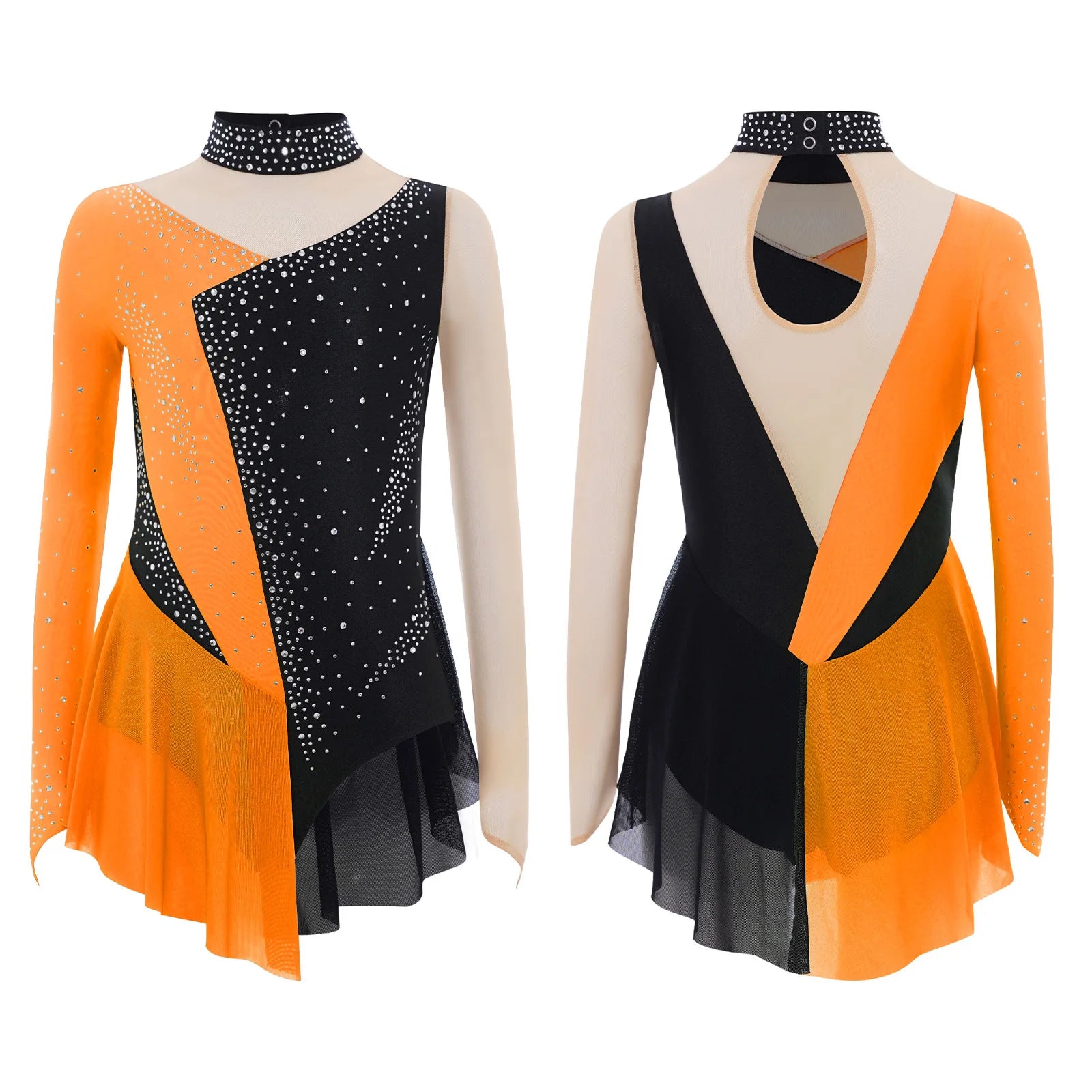 Robe de patinage artistique pour enfants filles, manches longues, strass, maille transparente, body de gymnastique, danse lyrique, Ballet, acrobatie, justaucorps