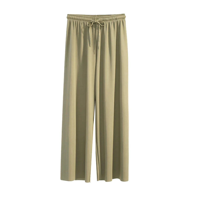 Pantalon à jambes larges pour femmes, longueur cheville, décontracté, couleur unie, taille élastique, ample, en soie glacée, printemps été