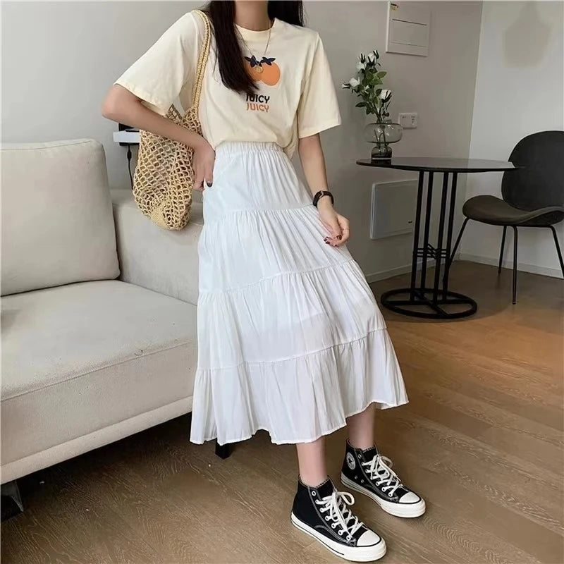Printemps été femmes jupes Vintage taille haute élastique Patchwork blanc noir Chic longue gâteau jupe trapèze