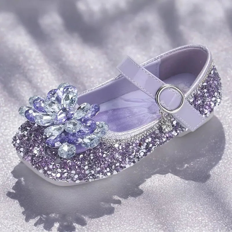 Chaussures décontractées pour enfants Elsa Princesse La Reine des Neiges en cuir PU à paillettes et cristaux, semelle souple antidérapante, violet et bleu, pointures 23 à 34