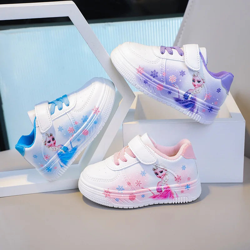 Chaussures blanches Disney pour filles, en cuir PU, motif princesse Elsa de La Reine des Neiges, chaussures de sport plates imperméables pour bébé fille, pointure