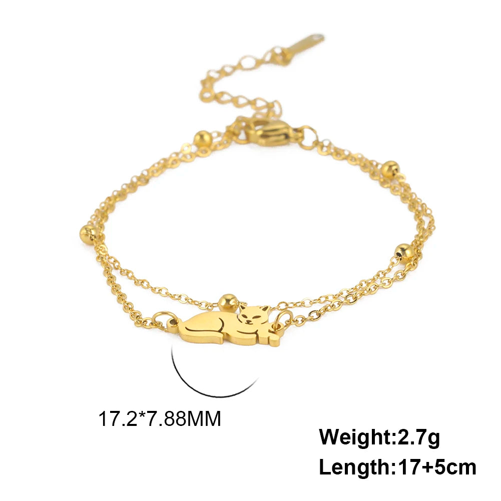 Bracelet Lucktune Chat Mignon en Acier Inoxydable avec Pendentif Animal et Chaîne à Perles - Bijou Tendance Kpop pour Femmes et Hommes - Cadeau Couple