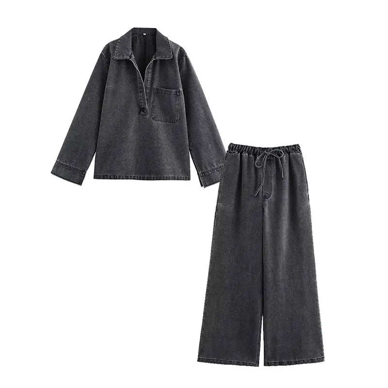 Ensemble jean à col rabattu pour femme, haut décontracté, à la mode, taille haute, Streetwear, pantalon en Denim, ensemble deux pièces, automne 2024