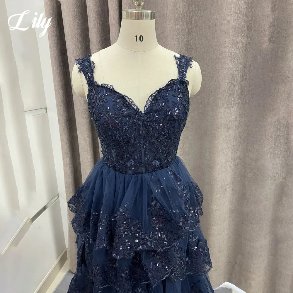 Robe de soirée bleu marine Lily, coupe trapèze, bustier cœur à volants, plis, fines bretelles, robe pour occasion spéciale, personnalisée