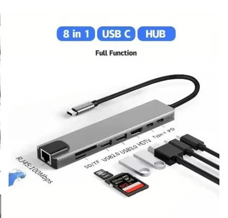 Station d'accueil hub USB + Type C 8 en 2 avec adaptateur audio jack 3,5 mm, lecteur de carte micro SD, convertisseur de disque pour ordinateur portable, tablette et téléphone.