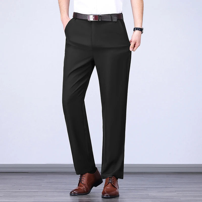 Pantalon homme stretch noir uni, coupe droite, style coréen, séchage rapide, idéal pour le bureau ou le printemps/automne