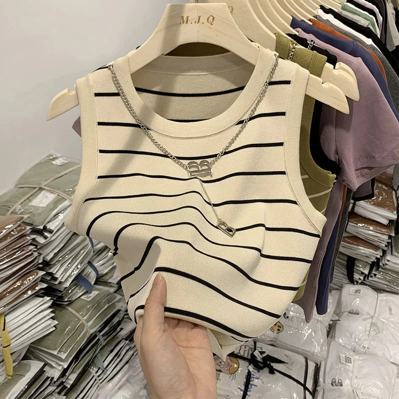 Nouveau 2025 basique fond rayé chaîne élasticité gilets femmes débardeur & Camis printemps automne sauvage culture haut court