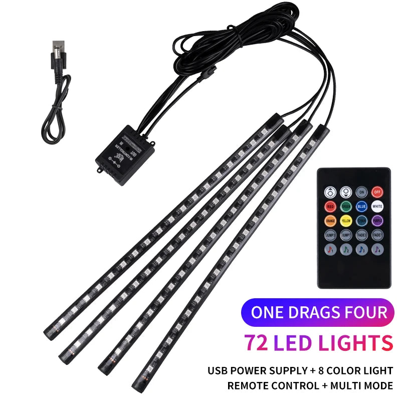 Bande LED néon 48 LED RGB pour éclairage d'ambiance au sol de voiture, avec port USB/prise allume-cigare et télécommande