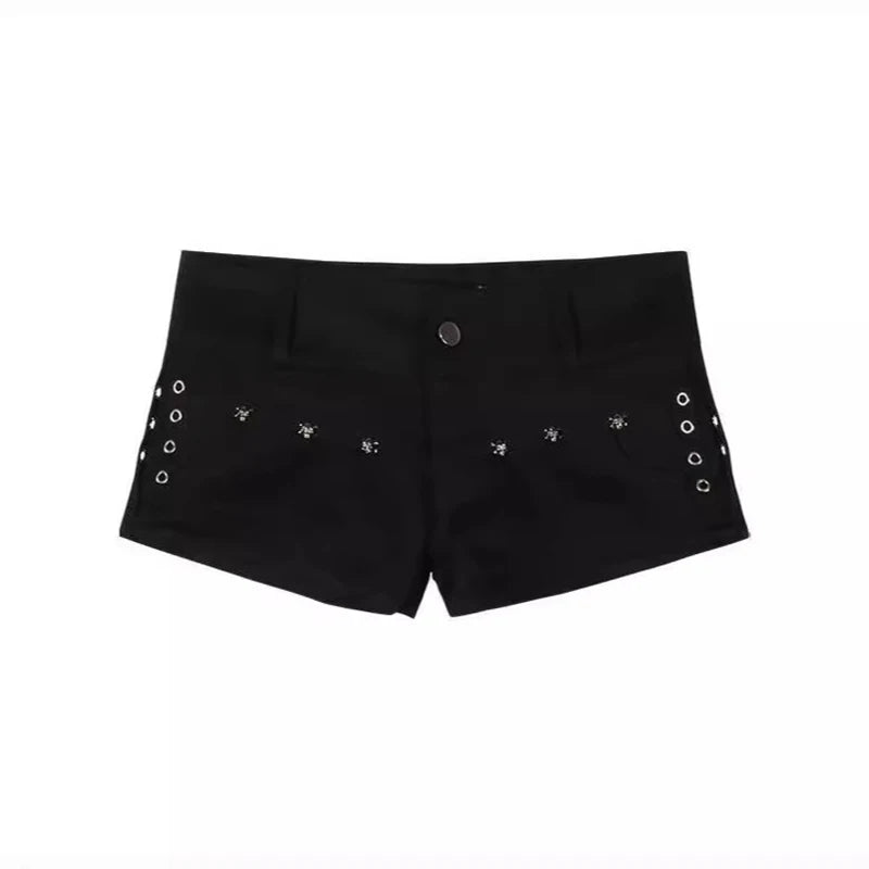 Mini short en jean taille basse pour femme, Vintage, coréen, populaire, léger, extensible, Streetwear, gothique, Rivet, noir, Y2k, été