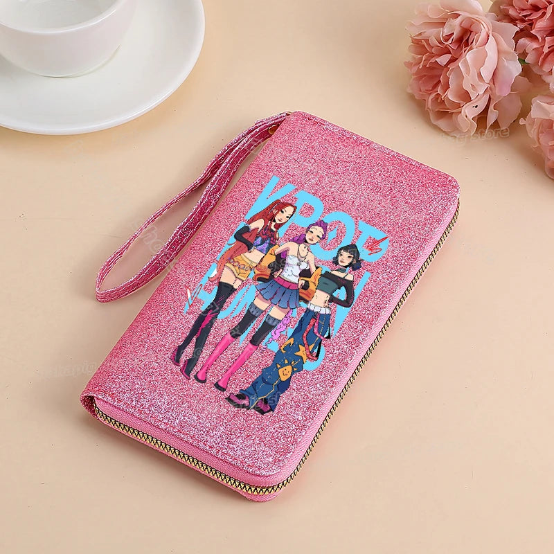 Portefeuille long KPop Demon Hunters pour femmes, à paillettes et fermeture éclair, en cuir PU, porte-monnaie, porte-cartes d'identité, pochette pour femme