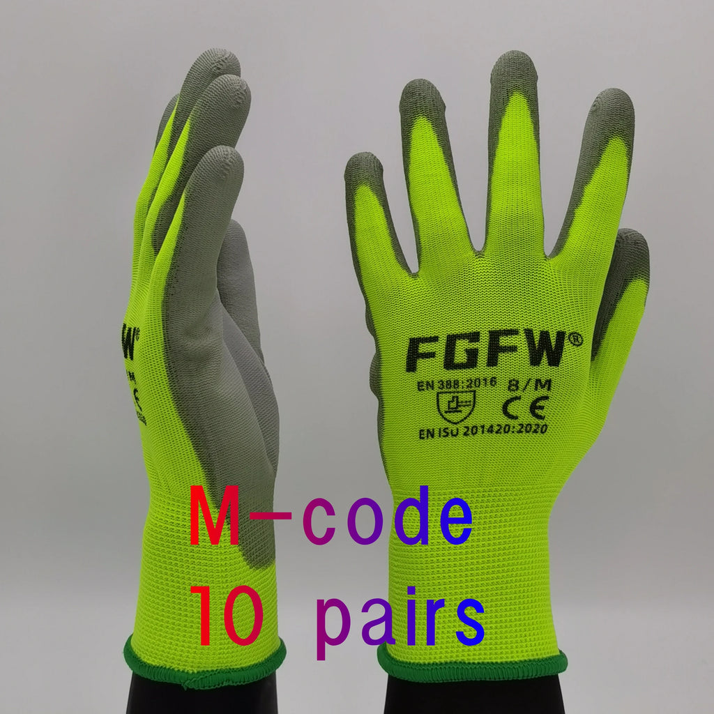 10 paires de gants de travail enduits de PU - Gants de sécurité légers et résistants, certifiés EN 388/ISO 20471, tailles S/M/L/XL