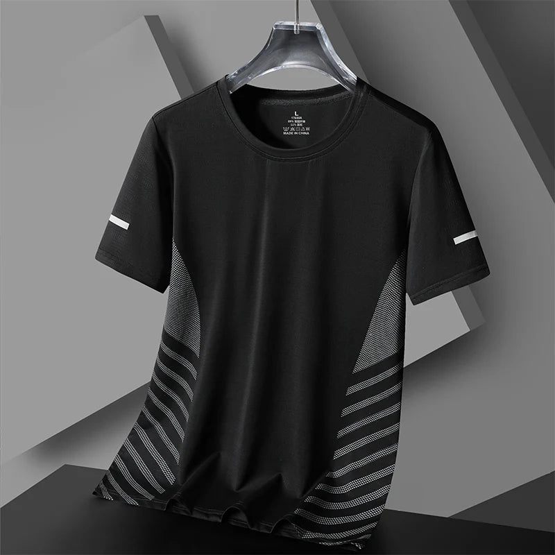 T-shirt de course homme été en soie glacée fine, imprimé réfléchissant, séchage rapide, manches courtes, respirant, idéal pour le fitness et le sport, taille 5XL