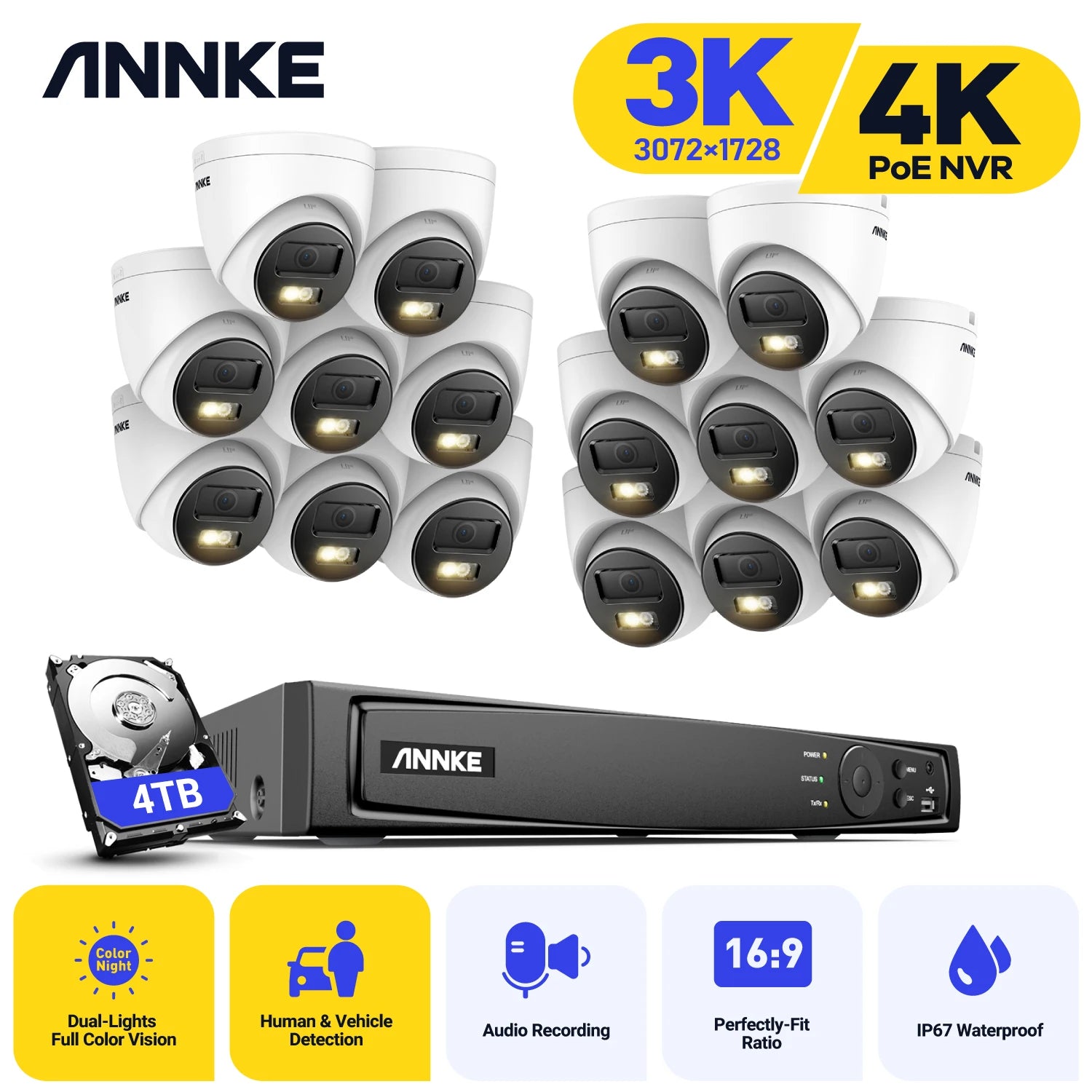 Système de caméras Annke H.265+ 3K Smart Dual Light PoE avec objectif 2,8 mm, détection de personnes et de véhicules, protection de sécurité IP67 et vidéosurveillance