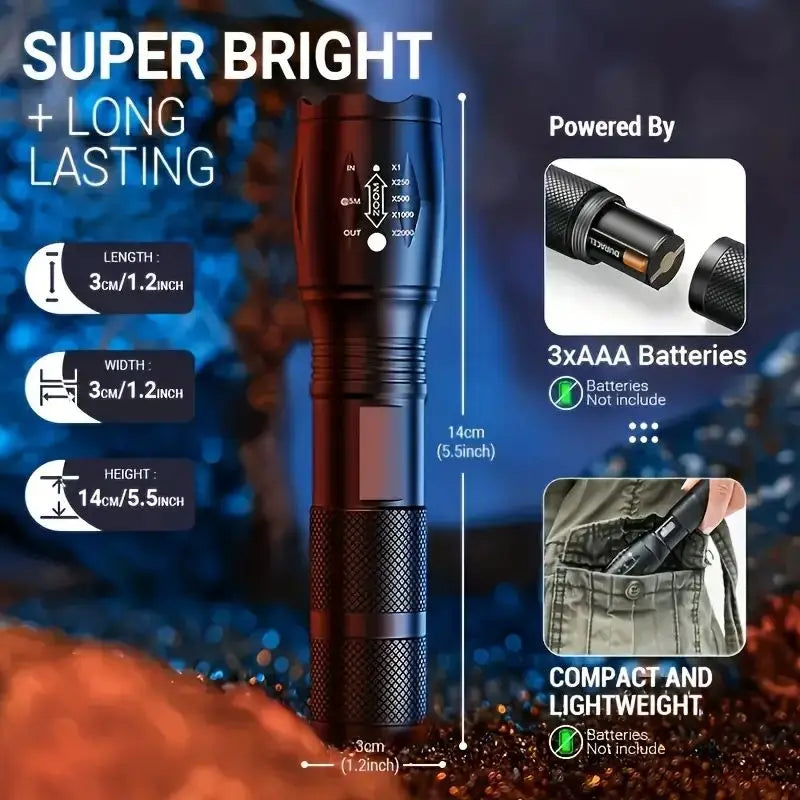 Lampes de poche LED haute puissance alimentées par piles AAA, torche tactique d'auto-défense en alliage d'aluminium, Zoom étanche pour l'extérieur avec 5 Modes