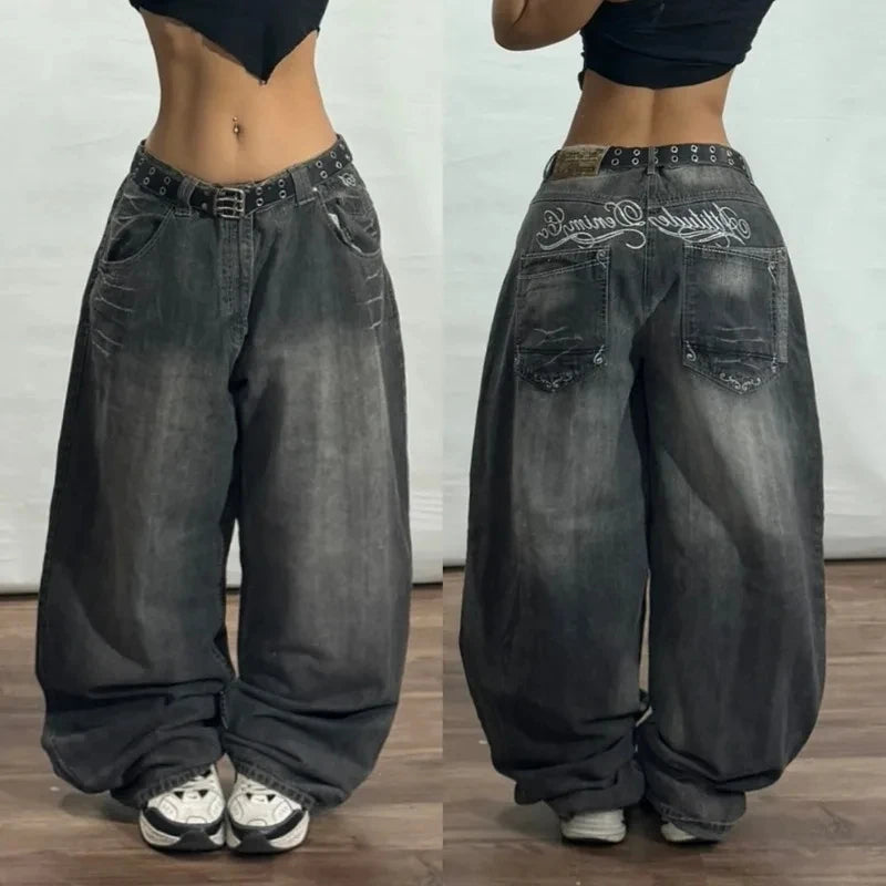 Mode américaine nouveau noir vieux trous lavés Baggy jean dames Y2K Vintage Punk mode décontracté Joker taille haute pantalon à jambes larges