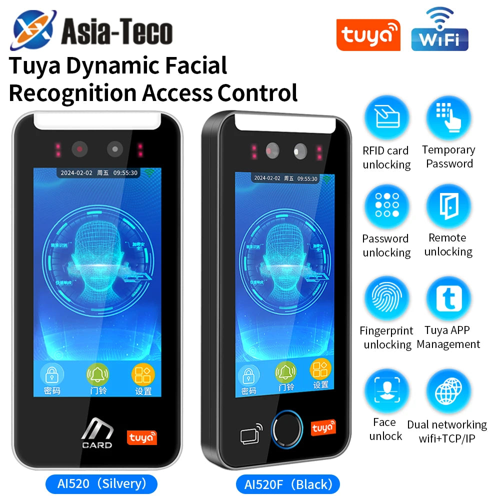 Serveur à écran tactile 5 pouces, Wi-Fi, Tuya, contrôle d'accès par reconnaissance faciale et empreinte digitale avec lecteur RFID, pointeuse FaceTime