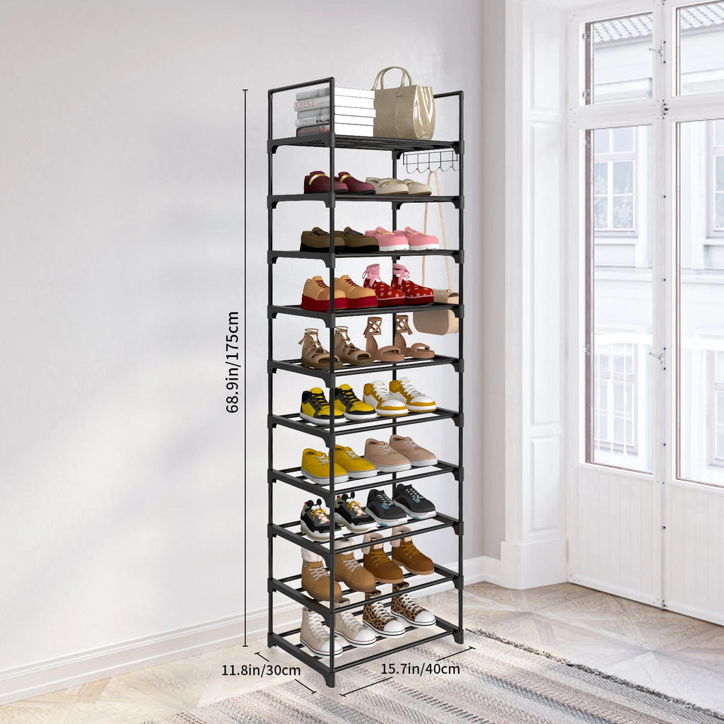 Étagère à chaussures EFAN, rangement à chaussures en métal à 10 niveaux, design personnalisable, structure métallique, étagère gain de place, pour chambre ou couloir.