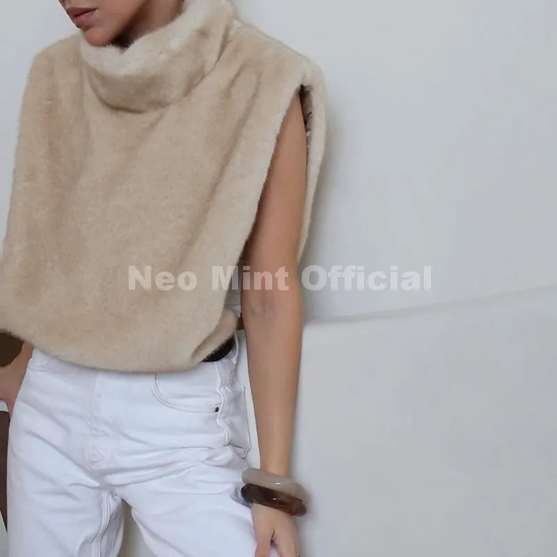 Neo Mint 2025 marque mode fausse fourrure Sable gilet haut court automne hiver col roulé Eco vison fourrure débardeurs sans manches veste manteau