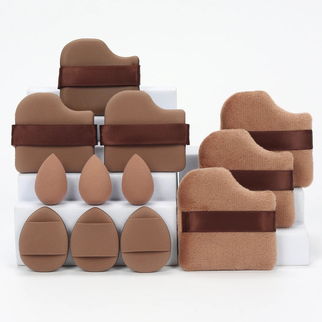 Ensemble d'éponges de maquillage tout usage de 12 pièces, composé de 3 houppettes de poudre libre, 3 mini houppettes à coussin d'air, 3 œufs de beauté et 3 mini beauté