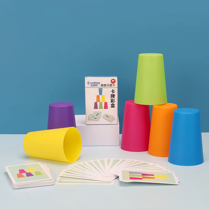 Jeu de rapidité à empiler les gobelets avec cartes, couleurs et logique, jouet Montessori pour l'éveil des enfants et l'interaction parent-enfant