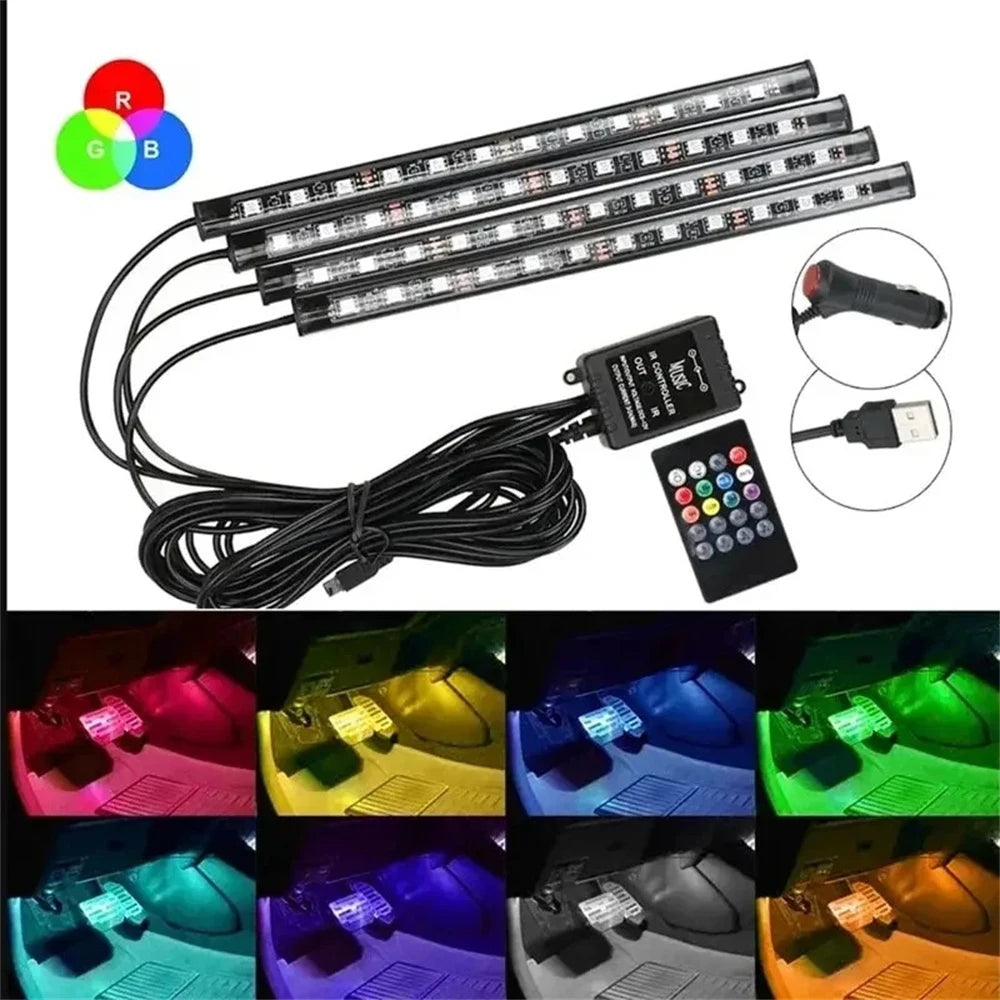 Bande LED néon 48 LED RGB pour éclairage d'ambiance au sol de voiture, avec port USB/prise allume-cigare et télécommande