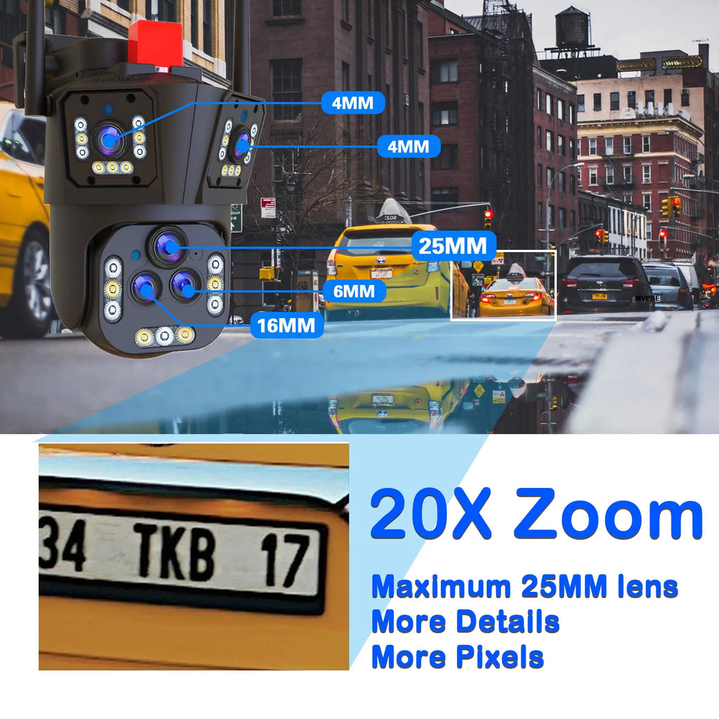 Caméra WiFi 10K 20MP pour extérieur, vidéosurveillance sans fil CCTV, caméra IP PTZ, zoom 20X, suivi automatique, audio bidirectionnel, caméras de sécurité