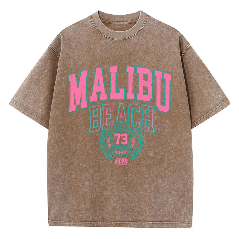 Malibu Beach T-Shirt lavé femmes lettre impression coton T-Shirt confortable col rond hauts décontracté surdimensionné t-shirts vêtements féminins