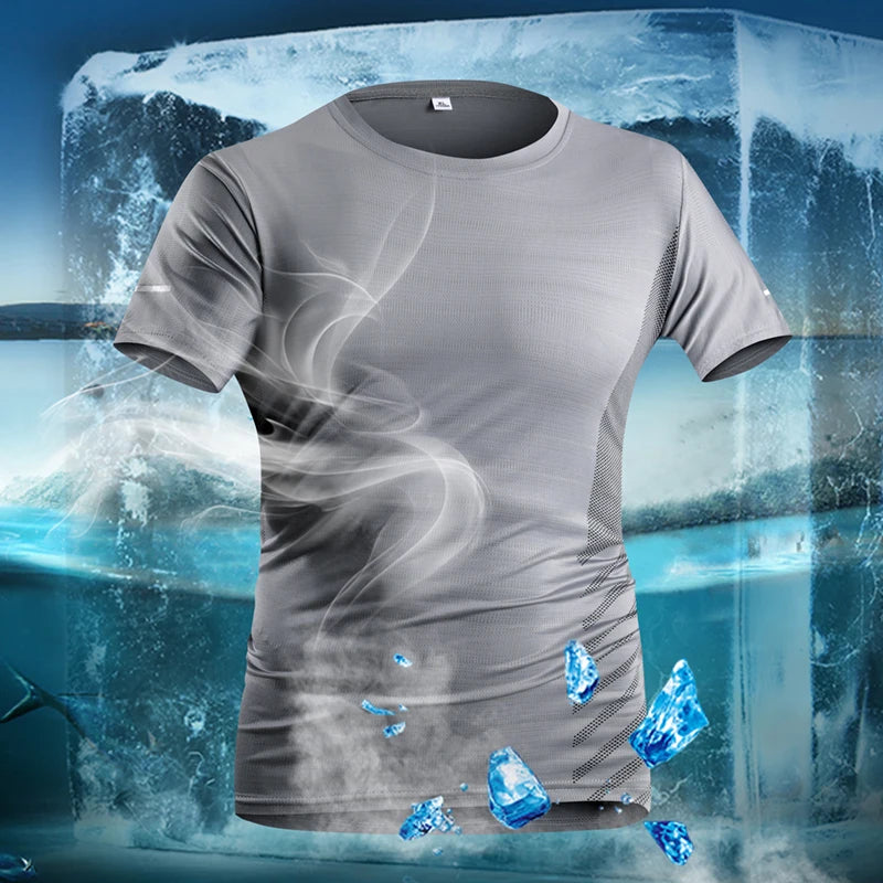 T-shirt de course homme été en soie glacée fine, imprimé réfléchissant, séchage rapide, manches courtes, respirant, idéal pour le fitness et le sport, taille 5XL