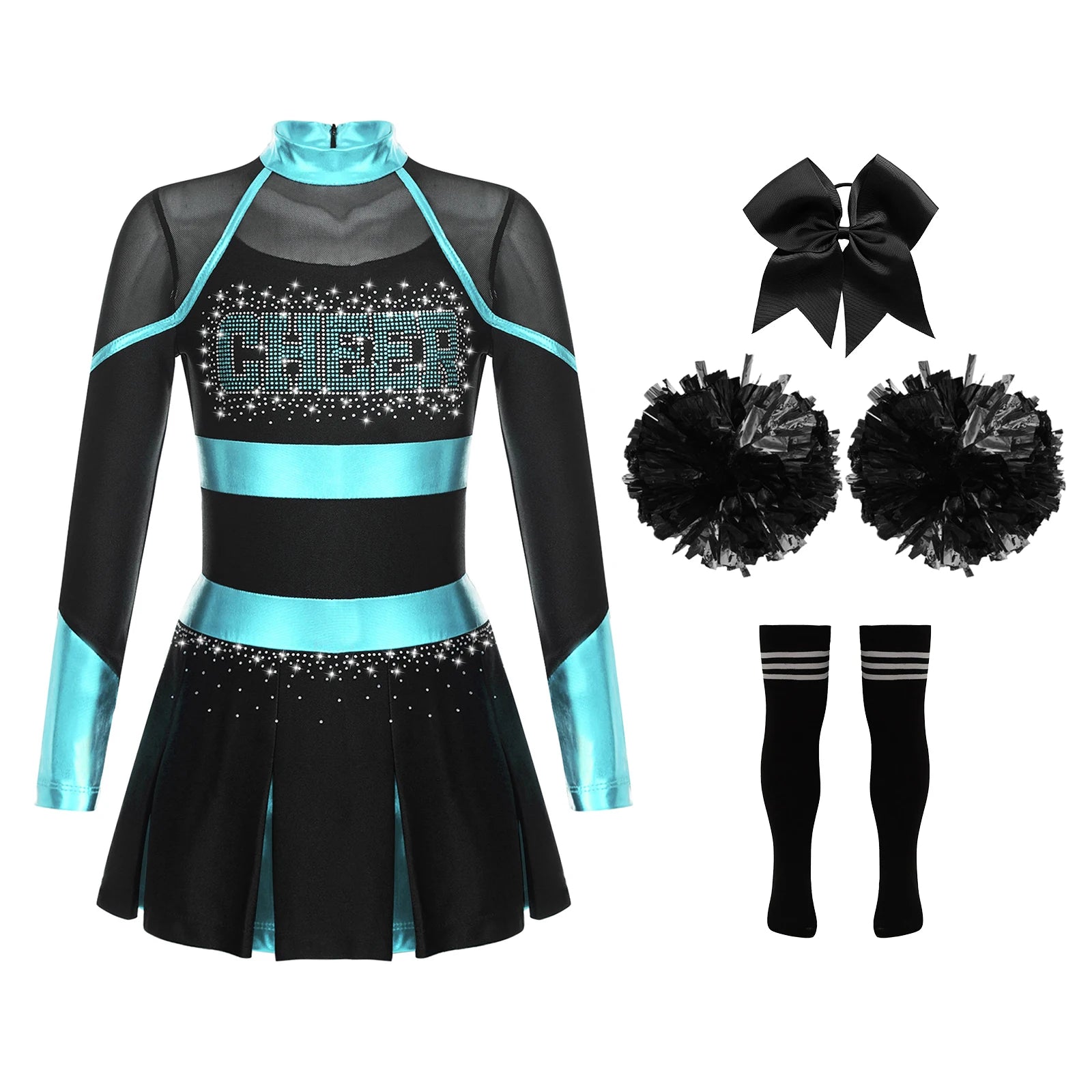 Uniformes de pom-pom girl pour enfants filles, 4 pièces, tenue de danse à l'école, paillettes brillantes, robe à épaules dénudées, déguisement de pom-pom girl de carnaval