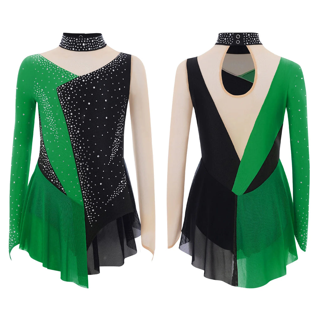 Robe de patinage artistique pour enfants filles, manches longues, strass, maille transparente, body de gymnastique, danse lyrique, Ballet, acrobatie, justaucorps