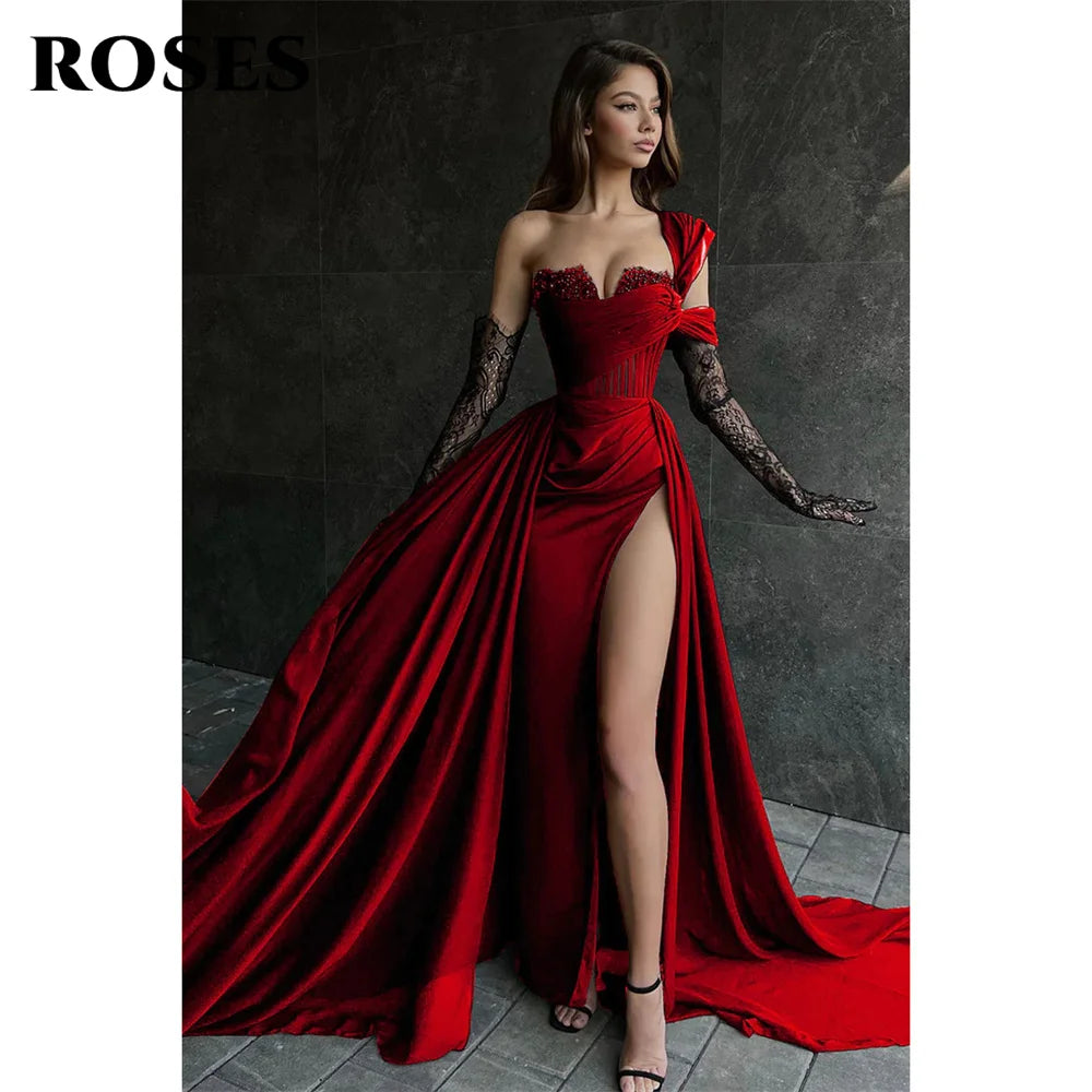 ROSES Robe de soirée sirène fendue sur le côté, robe de bal asymétrique à une épaule, robe de cérémonie à décolleté cœur, personnalisée