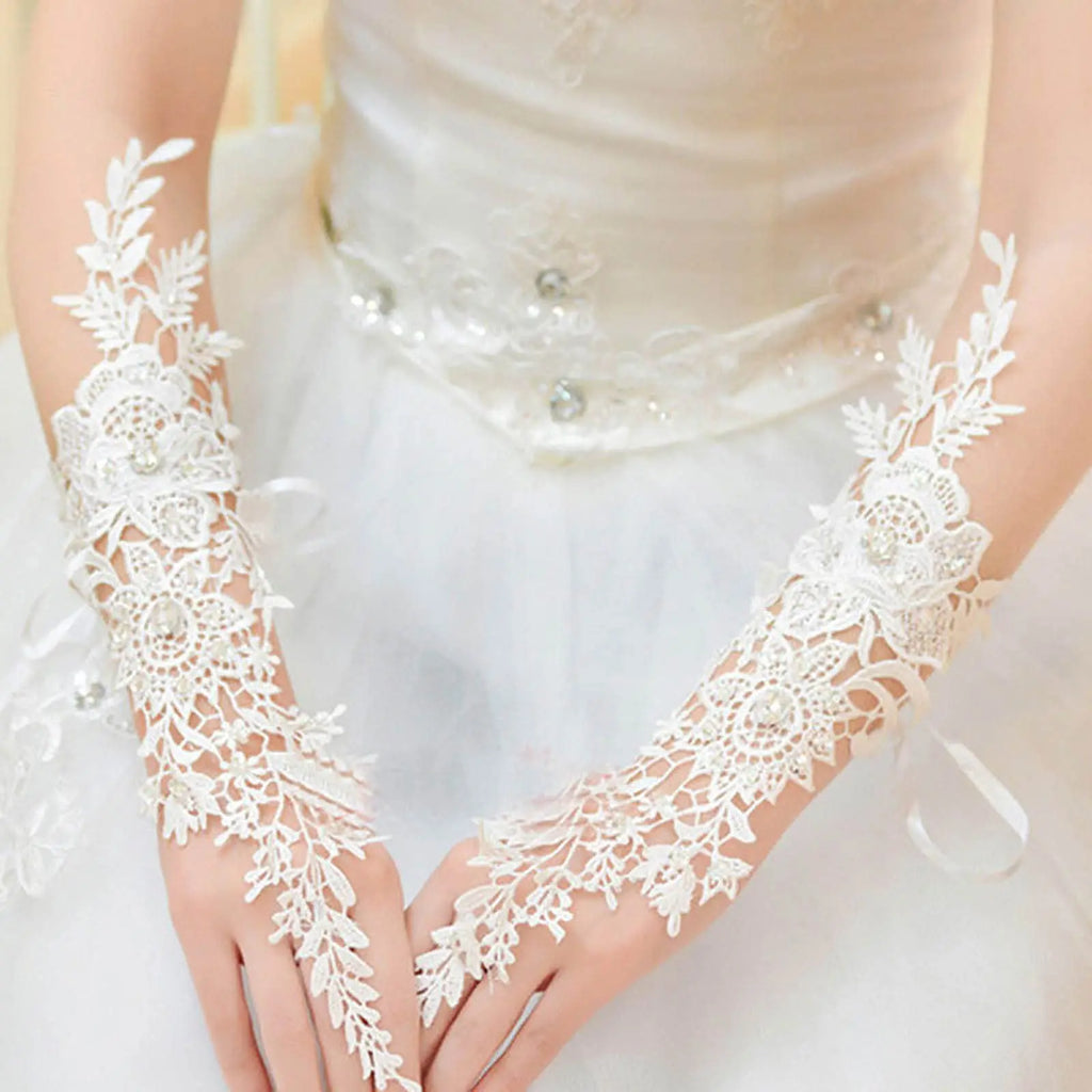Gants de mariage longs en dentelle et cristal, sans doigts, à motif floral ivoire, pour la mariée