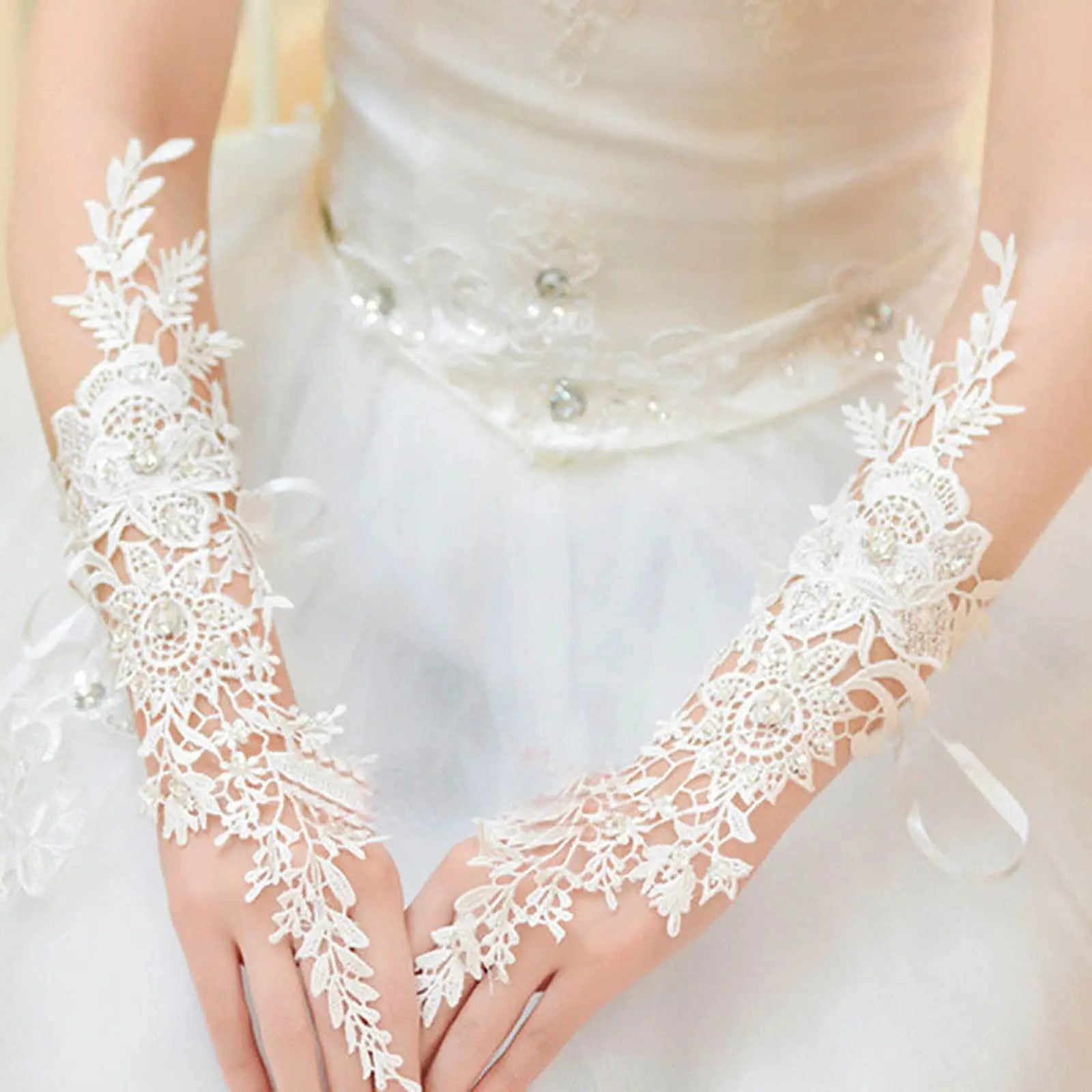 Gants de mariage longs en dentelle et cristal, sans doigts, à motif floral ivoire, pour la mariée