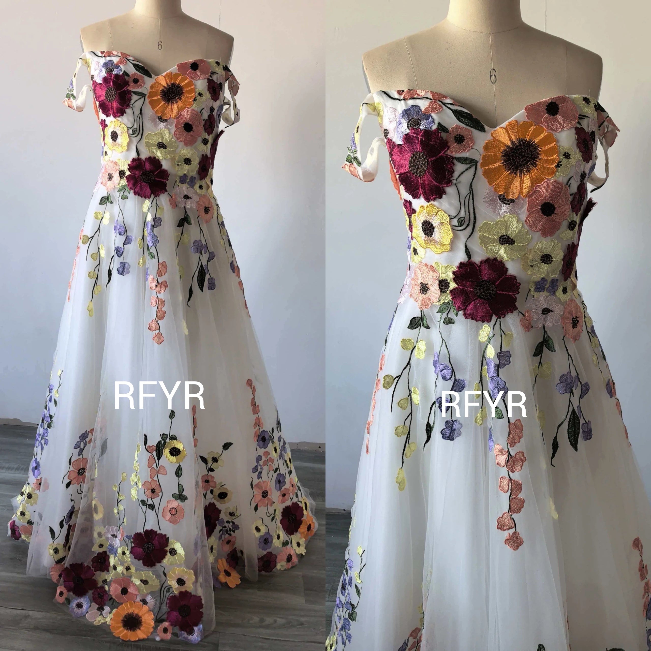 Robe de soirée RFYR coupe trapèze, imprimé floral, robes de bal 2026, robes de soirée épaules dénudées, robes de gala bustier cœur, robes de fête personnalisées