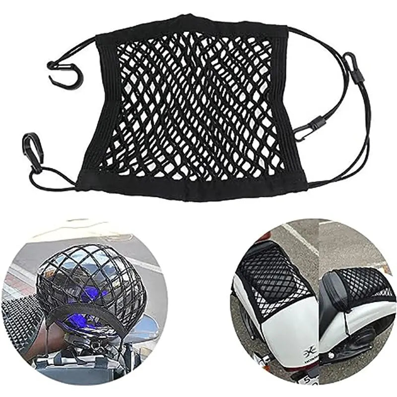 Filet de rangement pour moto, double couche, haute élasticité, 25 x 28 cm, avec crochets, idéal pour ranger un casque ou des bagages.