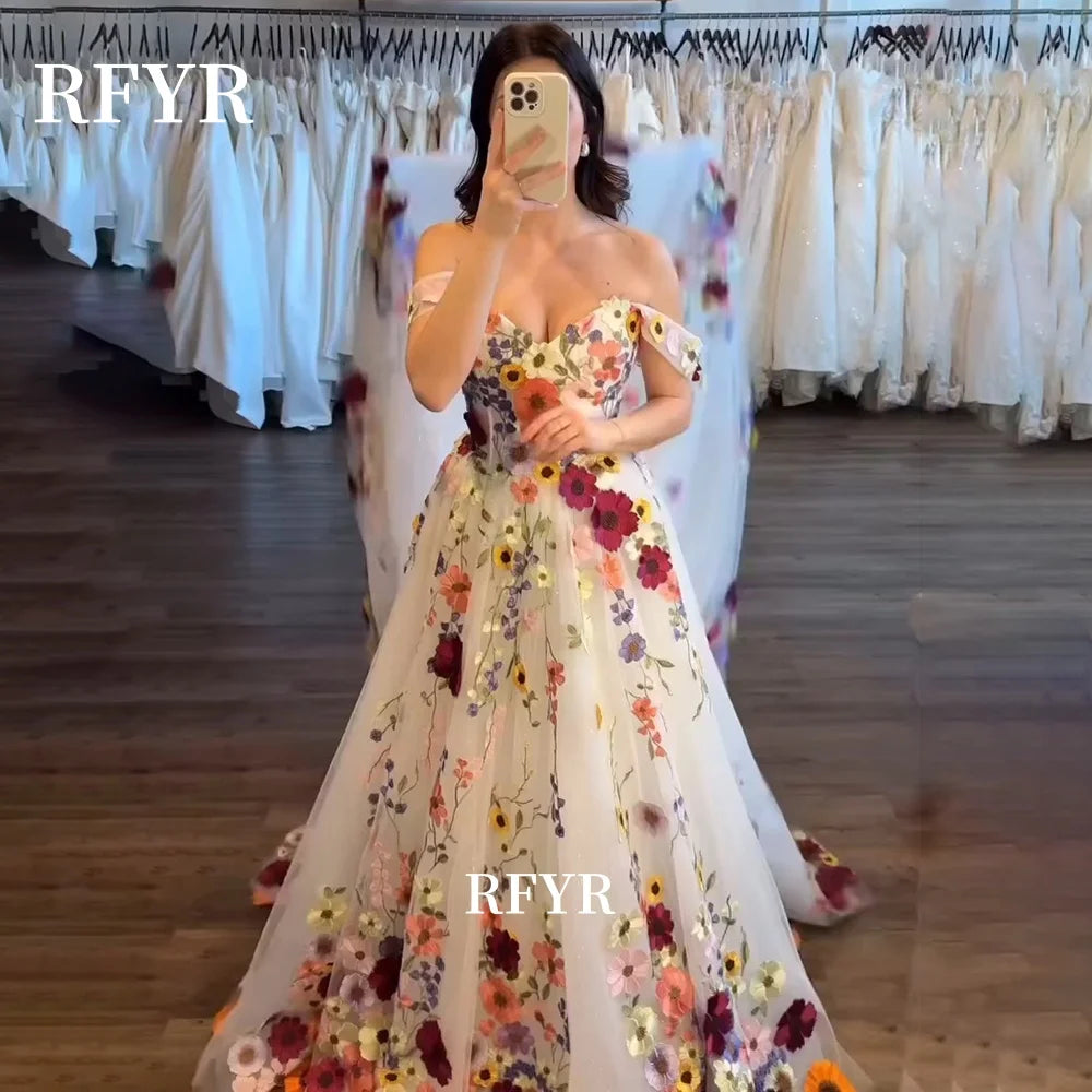 Robe de soirée RFYR coupe trapèze, imprimé floral, robes de bal 2026, robes de soirée épaules dénudées, robes de gala bustier cœur, robes de fête personnalisées