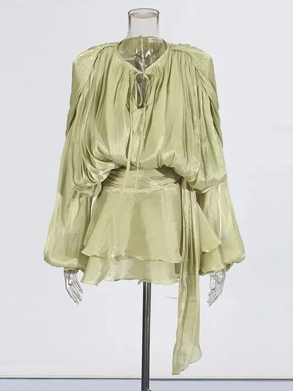 TWOTWINSTYLE – Mini robe chemisier unie pour femmes, col en V, manches longues, à lacets épissés, Style doux, vêtements féminins à la mode